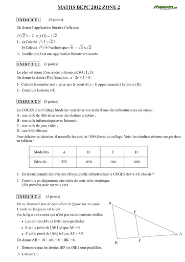 Sujet de mathématique BEPC 2012 Zone 2
