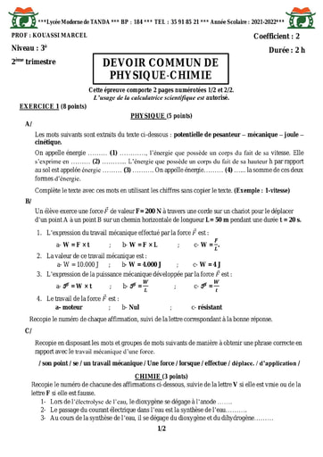 DEVOIR DE PC CLASSE 3ème 2021 2022