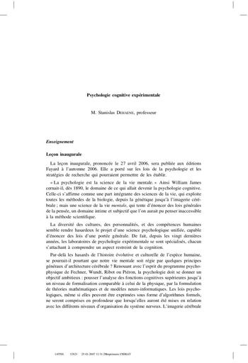 Psychologie cognitive expérimentale par professeur M.Stanislas DEHAENE