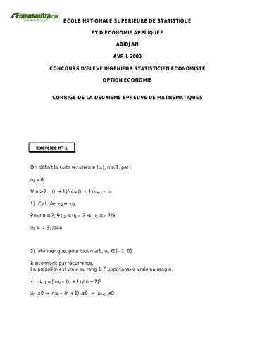 Corrigé 2ème épreuve de maths ISE option économie 2003 (ENSEA)