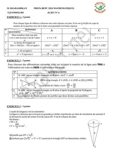 SUJET 6 PREPA BEPC 2024 MATHS C MONAJOCE by DJAHASHIKAN