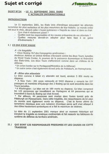 Sujet Corrigé de Dissertation: Le 11 Septembre 2001 dans l’actualité internationale