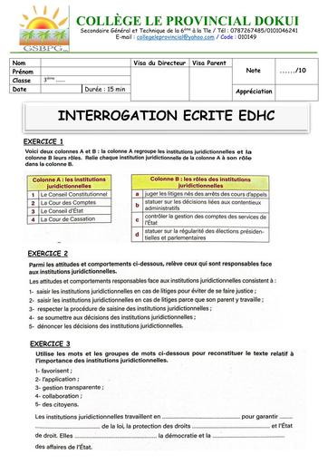 INTERRO EDHC 3ième PROVINCIAL