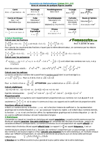 Formulaire de Mathématiques niveau 3eme - 2nd