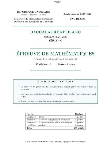 BAC BLANC 2026 MATHS SERIE C Sujet GABON BY TEHUA