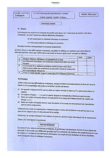 Sujet de Physique-Chimie Seconde C Lycée Classique Abidjan  2023