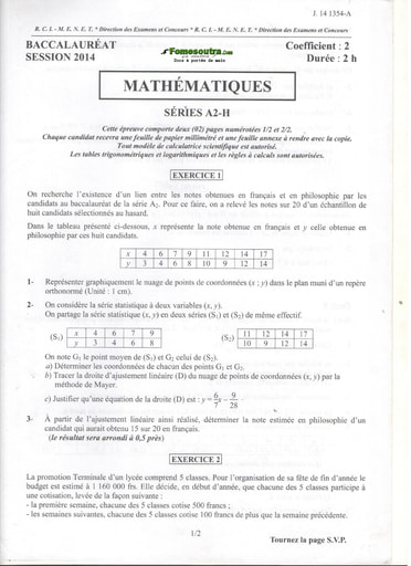 Sujet corrigé de Maths BAC A2 et H 2014