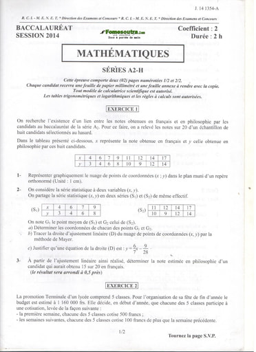 Sujet corrigé de Maths BAC A2 et H 2014
