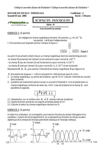 Devoir (2) Physique-Chimie Terminale D Collège Alliance Dimbokro