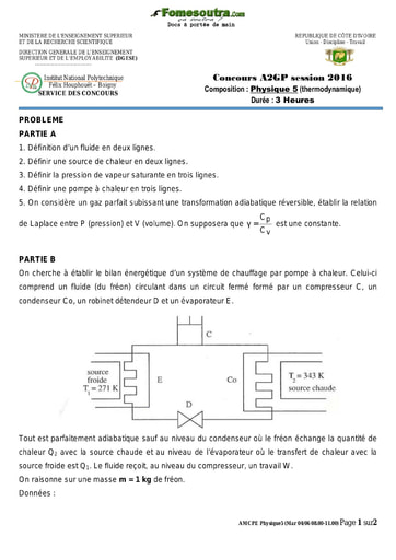 Sujet de Physique 5 (thermodynamique) concours A2GP 2016