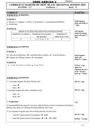 Bepc blanc régional 2025 dren Abidjan 4 SVT CORRIGE ET BAREME BY TEHUA