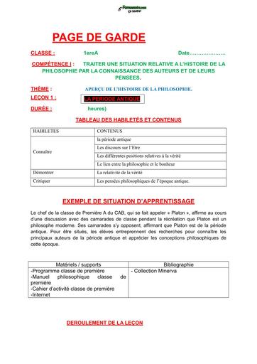 FICHE DE COURS PHILO 1ière A COMPET 1 Leçon 1 LA PERIODE ANTIQUE by TEHUA