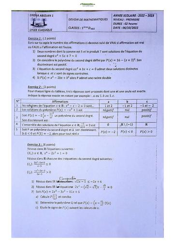 Sujet de Mathématique Première D Lycée Classique Abidjan 2023