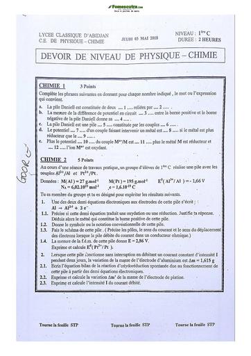 Sujet de Physique-Chimie Première C Lycée Classique Abidjan 2022-2023