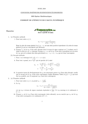 Corrigé Calcul numérique ISE option maths 2009 (ENSEA - ISSEA - ENSAE)