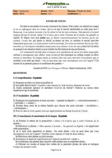 Sujet d'Etude de texte BEPC 2015 - Cameroun