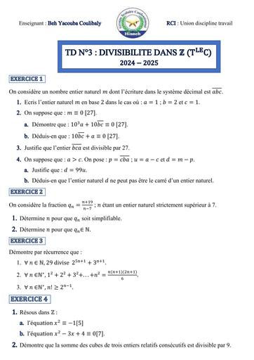 Travaux Dirigés N°3 Maths Tle C (2024 2025) Arithmétique by Tehua