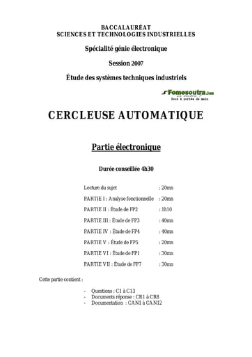 Sujet corrigé Cercleuse automatique - Étude des Systèmes Techniques Industriels - BAC 2007