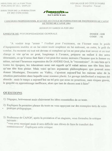 Sujet de Psychologie Générale - Professeur de CAFOP 2004