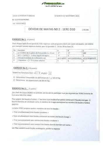 Sujet de Mathématique Première D Lycée Classique Abidjan 2022