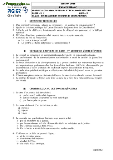 Sujet Legislation du travail et de la communication BTS blanc 2016 - Ressources Humaines et Communication - PIGIER