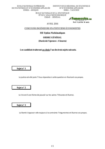 Sujet d'ordre générale ISE option maths 2016 (ENSEA - ISSEA - ENSAE)