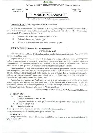 SUJET BEPC BLANC 2025 COMPOSITION FRANCAISE DRENA ABOISSO BY TEHUA