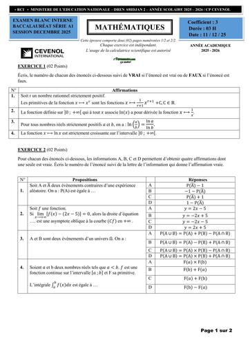 Sujet Maths BAC A1 Examen Blanc Interne Cevenol Decembre 2025 BY TEHUA