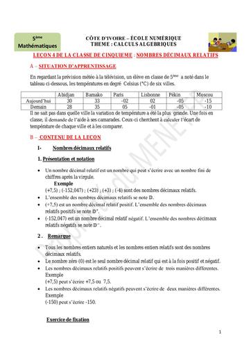 MATH 5ème léçon 4 NOMBRE DECIMAUX RELATIFS