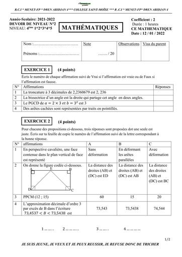 DEVOIR DE MATHS NIVEAU 3ième 2022 N°2 TRIMESTRE 2 SAINT MOISE BY TEHUA