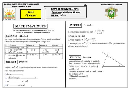 Sujet+barème du devoir de Maths 3ieme by Tehua 2nd trimestre provincial by Tehua 2024 (barème rectifié)