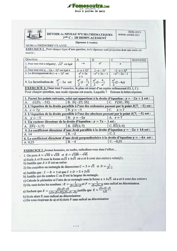 Devoir de Maths 2nde C 2021 Lycée classique