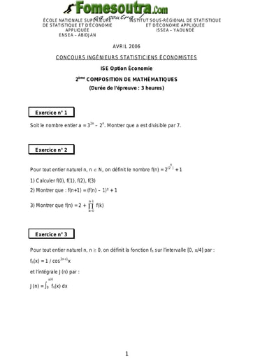 Sujet 2ème épreuve de maths ISE option économie 2006 (ENSEA - ISSEA)
