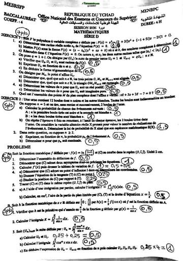 BAC 2026 Maths série D sujet TCHAD By TEHUA