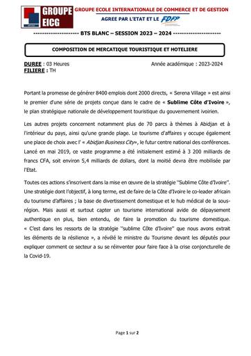 COMPOSITION DE MERCATIQUE TOURISTIQUE ET HOTELIERE - SUJET BTS TH MERCATIQUE By Ludov Ta'n