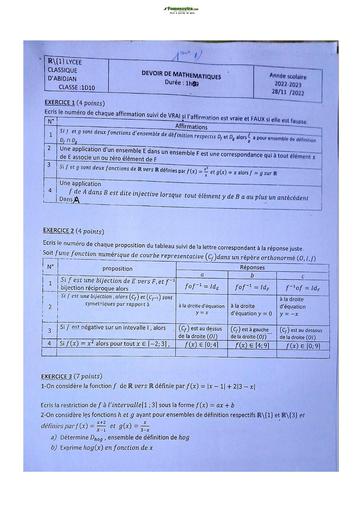 Sujet de Mathématique Première D Lycée Classique Abidjan 2022-2023