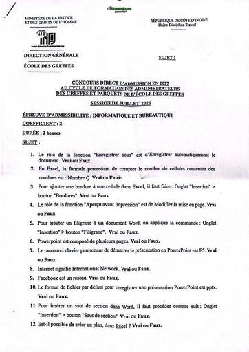 Concours Direct INFJ 2026 greffés  informatique et bureautique sujet 1 by TEHUA