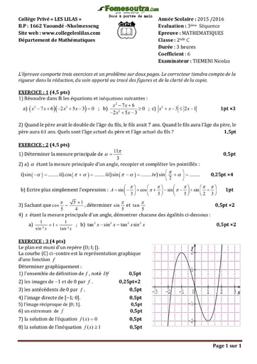 Devoir de Mathématiques niveau 2nde C - Collège Privé LES LILAS