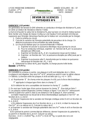 Devoir (7) de Physique-Chimie 1ère C Lycée Moderne de Dimbokro