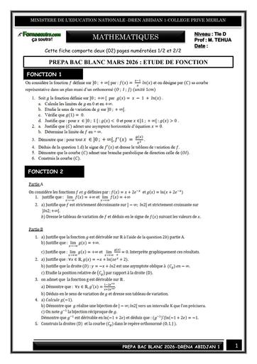 FICHE DE PREPA BAC BLANC MARS 2026 DREN 1 MATHS ETUDE DE FONCTION BY TEHUA