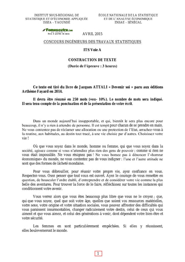 Sujet de Contraction de texte ITS A 2015 (ENSAE - ISSEA)