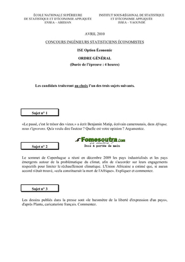 Sujet d'ordre générale ISE option Economie 2010 (ENSEA - ISSEA)