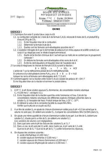 Devoir (3) de Physique-chimie terminale C EMPT Bingerville