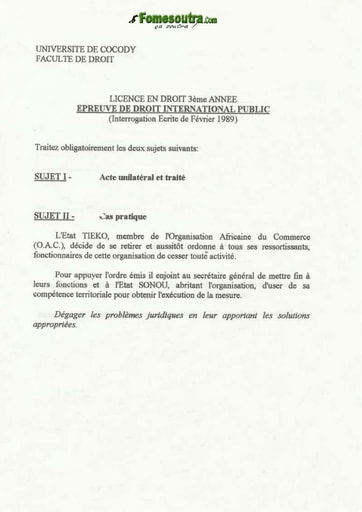 Epreuve de Droit International Public - Fevrier 1989