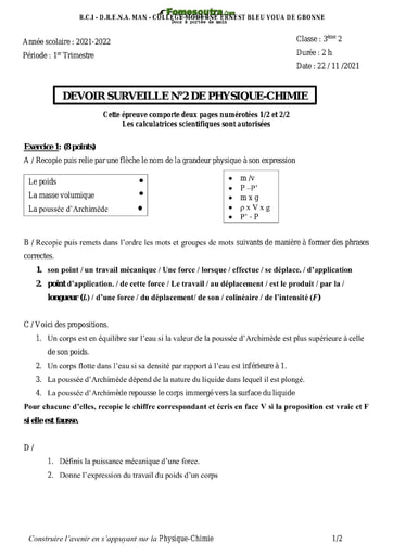 Devoir (2) de Physique-Chimie niveau 3ème - Collège ERNEST BLEU VOUA DE GBONNE - Année scolaire 2021-2022