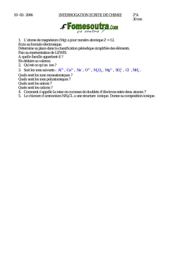 Interrogation 1 de Chimie niveau Seconde A
