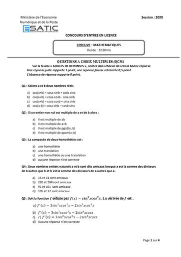 Sujet de Mathématique concours Esatic 2020  Niveau Licence