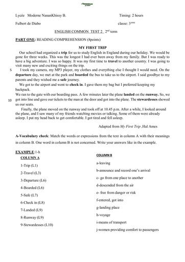 ENGLISH TEST 3ième DEVOIR COMMUN 2nd term MY FIRST TRIP  by TEHUA pdf
