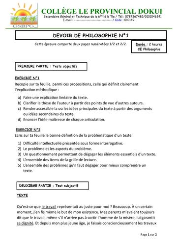 DEVOIRE DE PHILO N°1 niveau 1ière  BY Tehua