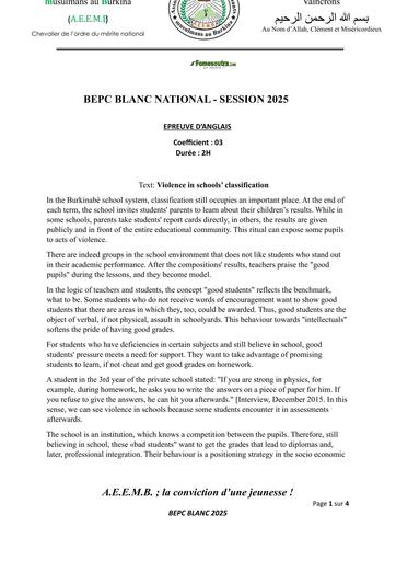 BEPC BLANC 2025 Sujet ANGLAIS  BURKINA FASO BY TEHUA